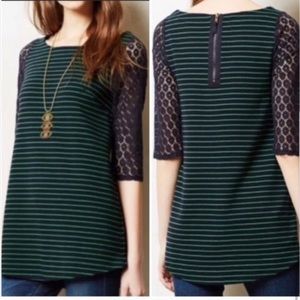 Anthropologie navy and green tunic, lace sleeves